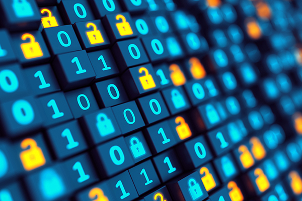 Rows of dark blue blocks protruding at various lengths. Each block features either a teal zero, teal one, teal closed lock symbol, or orange open lock symbol. The illustration symbolizes how information is guarded by cybersecurity protections, which include network access control.