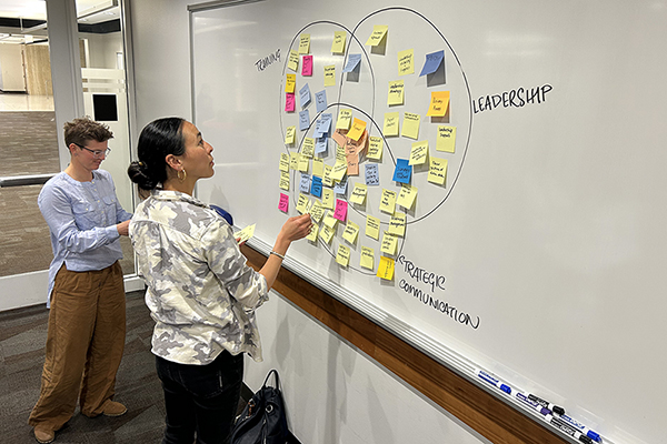 Annie Friedman, left, associate director for UOnline Programs, and Rayna Wiles, head of Design Strategy, participate in a service mapping exercise during the Organizational Change Community of Practice meeting.
