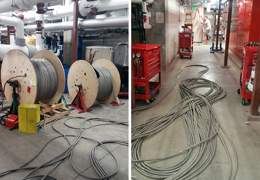 Telephone cable is wrapped on large 2,000 lb. spools, and formed into figure 8s for easy deployment. [Photo: Tim Goodale]