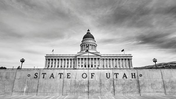 A black and white image of the Utah State Capitol.