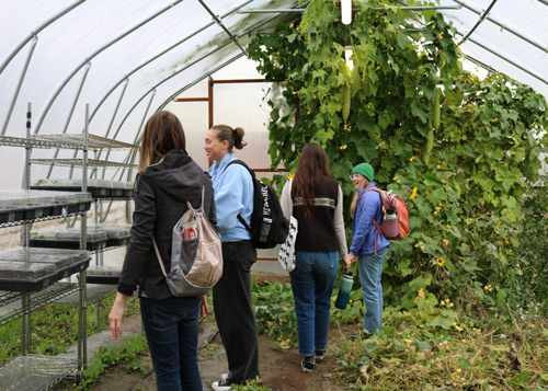 Four students tour the inside of a greenhouse.