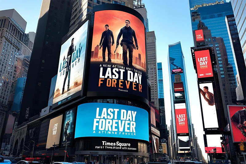 This AI-generated image for a fake movie called "Last Day Forever," being promoted in Times Square returned some illegible text.