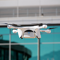 A drone lifts off on February 21, 2020.