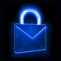 A glowing blue lock with an email icon as the square part, on a black background.