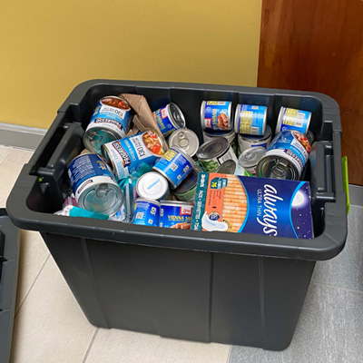 A 30 gallon tote filled to the brim with donations. (Photo courtesy of Tammy Mabey)