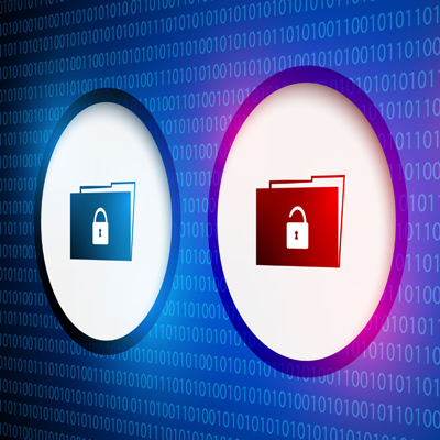 An illustration of two circles on a blue background containing binary code (ones and zeroes). In the left circle is a blue folder with a closed white lock on it. In the right circle is a red folder with an open white lock.