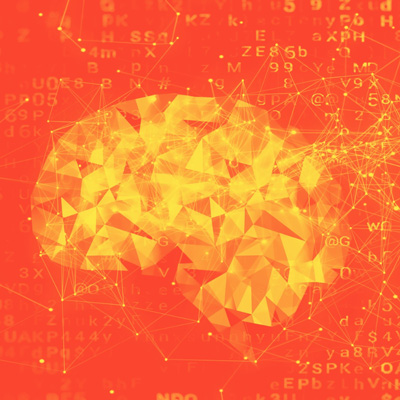 An illustration of a brain made of geometric shapes on an orange background filled with letters, numbers, and thin lines connected by dots.