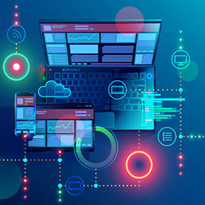 Illustration of a laptop computer, tablet, and smartphone on a blue background surrounded by a variety of technology-related graphics.