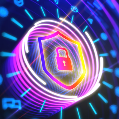 Neon pink, purple, yellow, and orange outline of a shield containing a pink and orange gradient padlock. Neon white, pink, and purple circles spiral around the shield. Neon blue lines radiate out from the circles. At the end of each line is an icon, such as a Wi-Fi signal, three users, waypoint; some are more in focus than others.