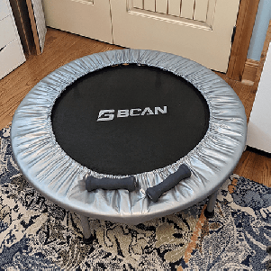 Jan Lovett uses a trampoline to jog when she need a break from work.